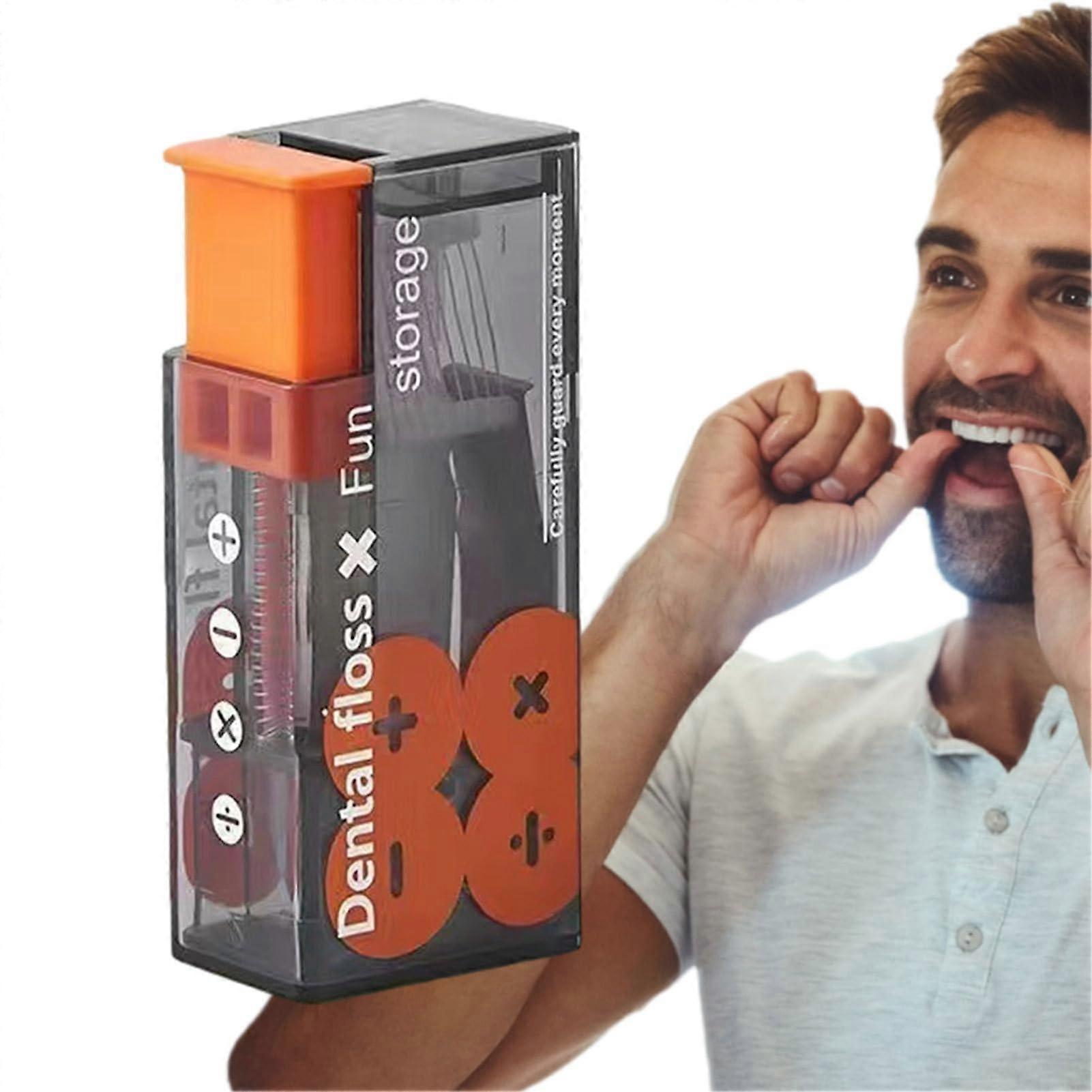 Floss Pick Holder with Automated Ejection, Hygienic Travel Floss Dispenser, Compact Orange Case