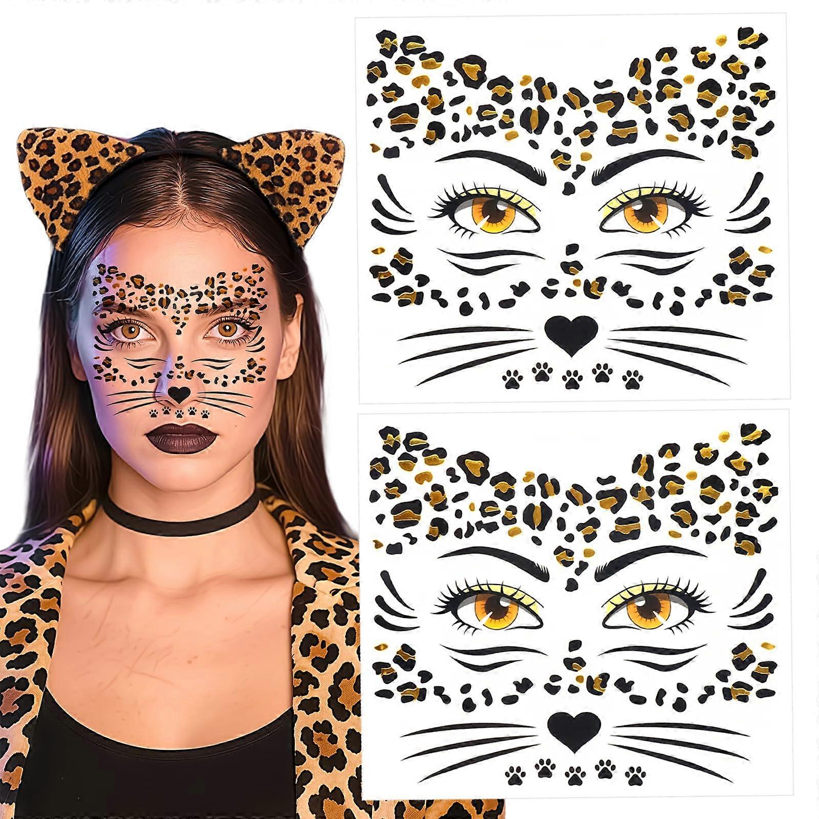 Leopard Face Temporary Tattoo Tribal Design for Halloween Parties Festivals Includes Two Sheets