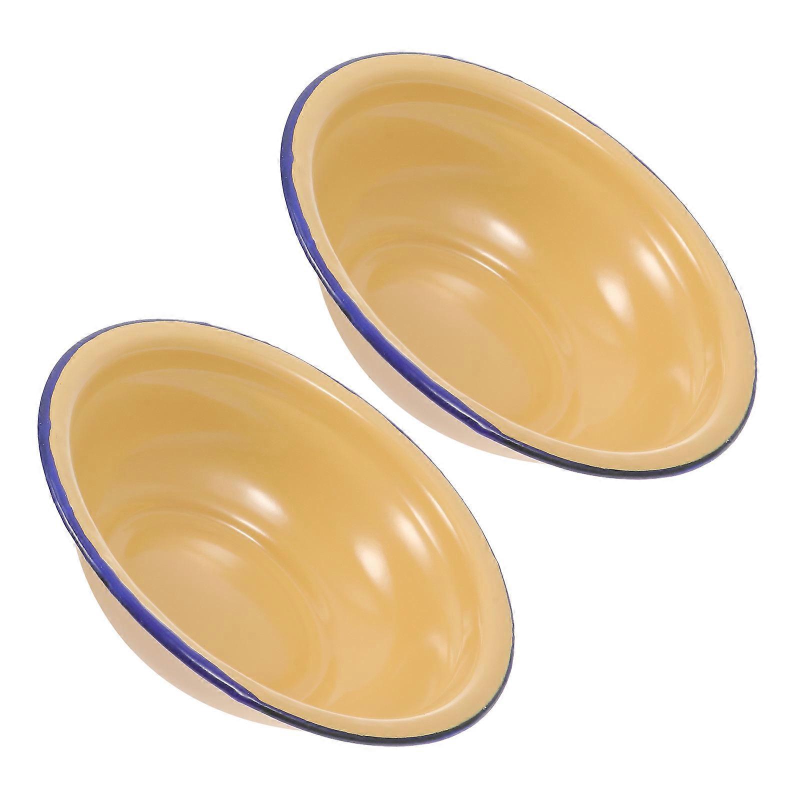 Yellow Enamel Basins for Soup Serving 2Pcs Vintage Practical Tableware