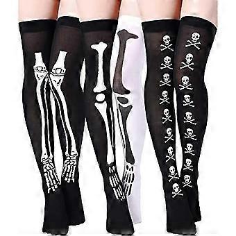 3Pairs Halloween Thigh High Long Stockings Over Knee Socks Bat Striped Skull Printed Tights Socks Cosplay Party Stockings for Women Girls