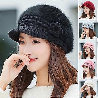 Faux Rabbit Fur Beret Hat, Thickened Short Brim with Flower Decor, for Women Winter Light Purple