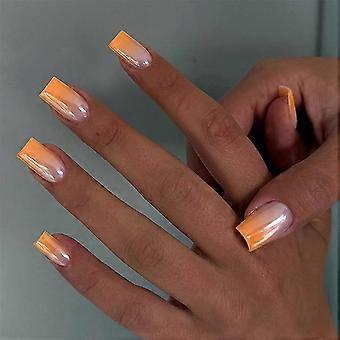 Orange Ombre Press on Nails Medium Square French Tip Chrome Fake Nails Glossy Acrylic 24pcs
