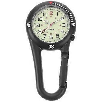 Clip-on Quartz Watch Night Light Alloy Unisex Backpack Buckle Belt Fob Watch Black With White Dial For Doctors Nurses Climbing (Black)