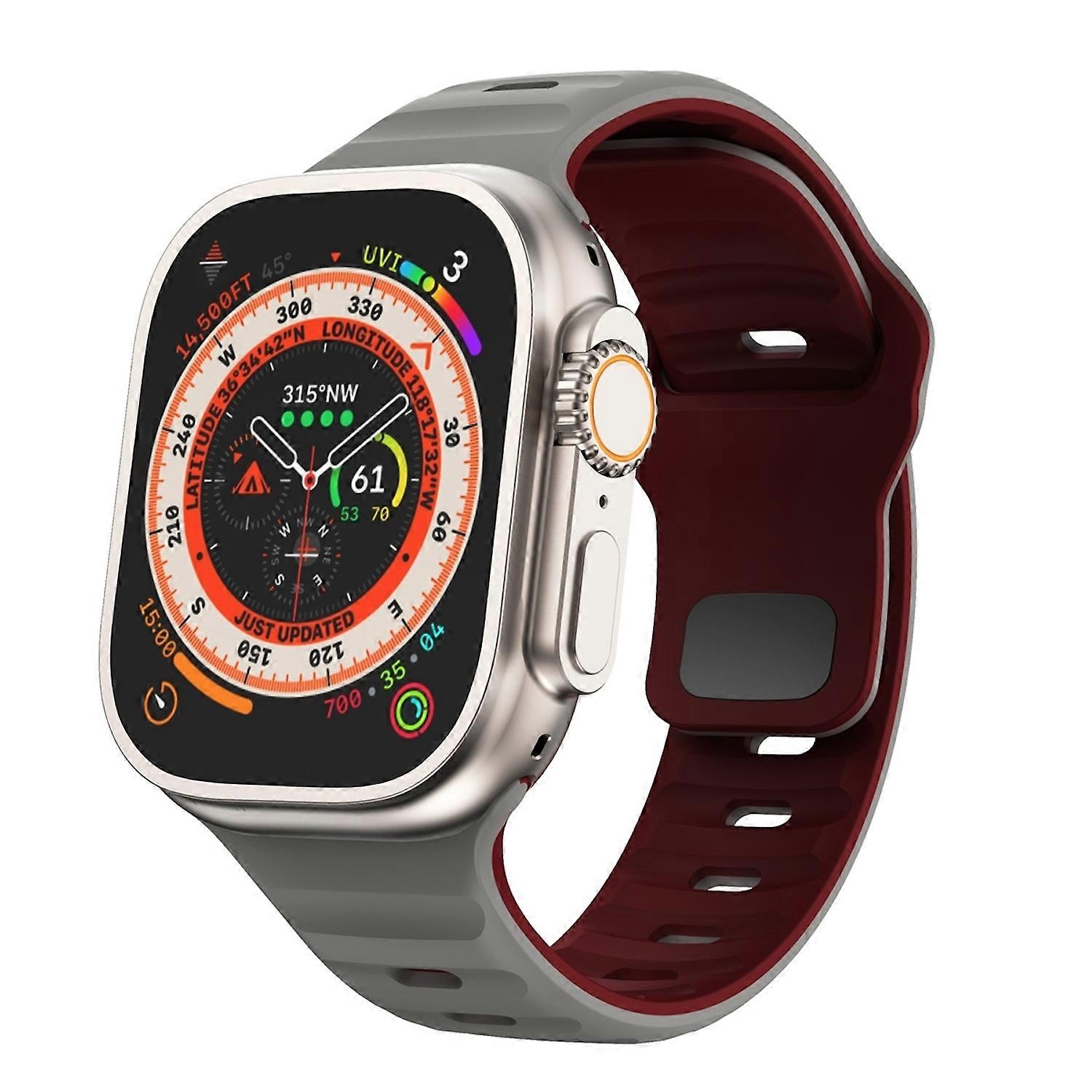 For Apple Watch Ultra 2 / 1 49mm Silicone Design Wave Structure Band Grey / Burgundy
