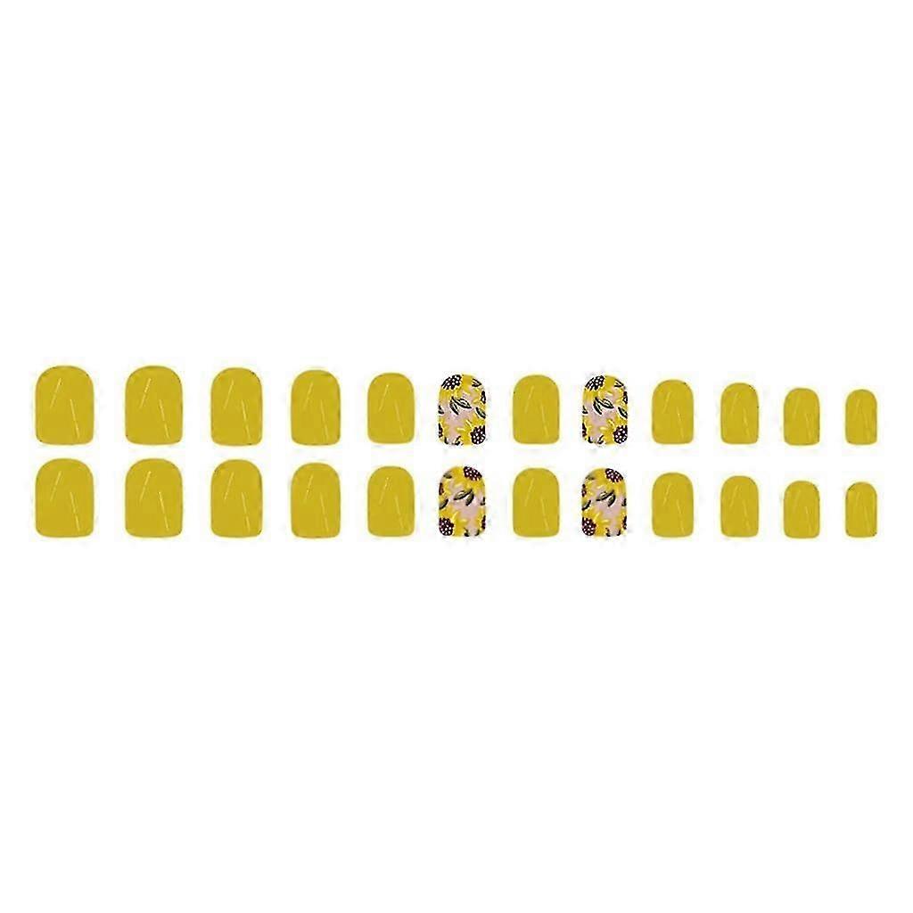 Yellow Floral Short Square False Nails