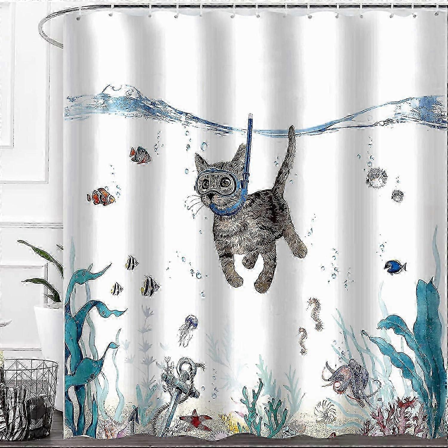 Waterproof Cat Diving Shower Curtain
