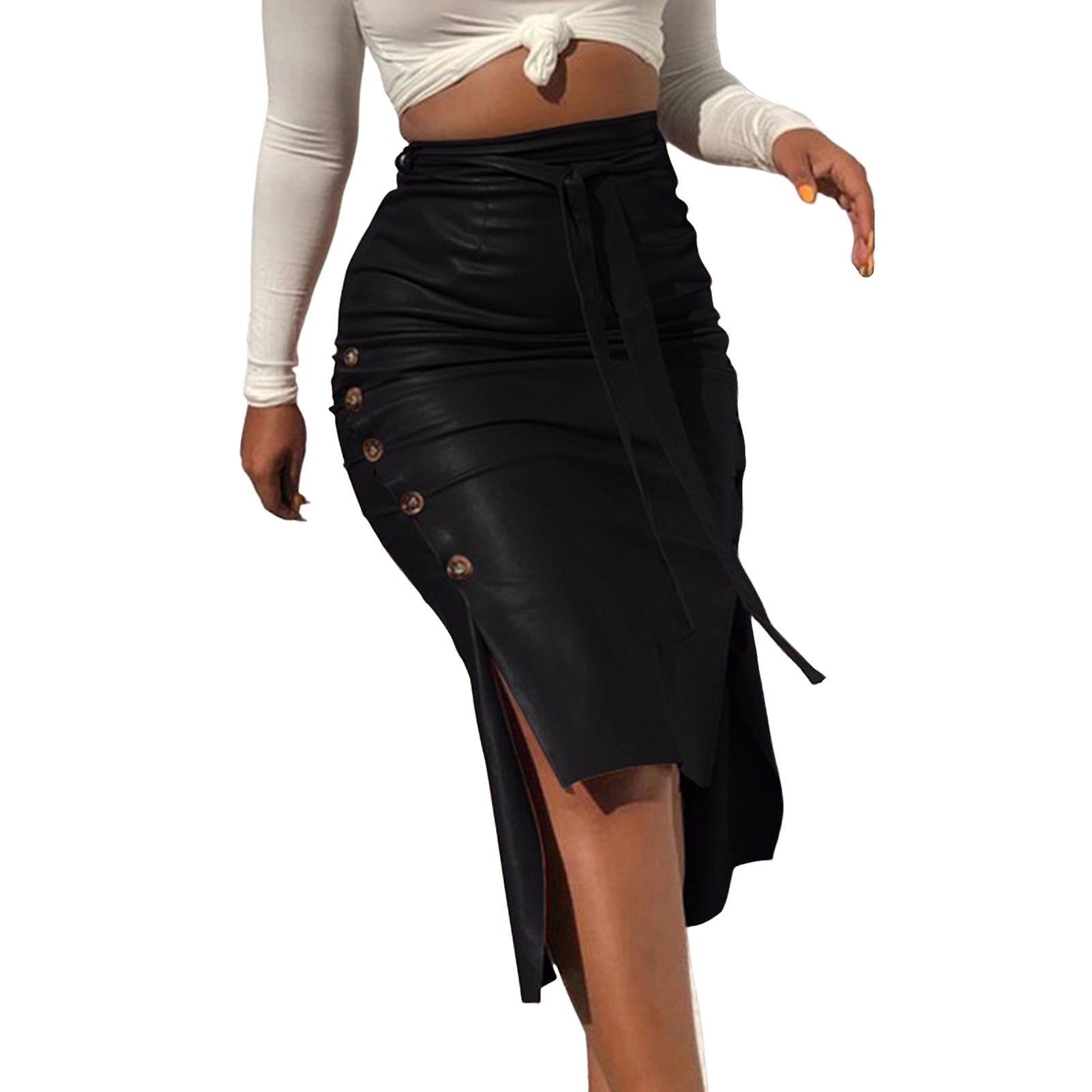 Faux Leather Pencil Skirt High Waist Split Lady's Half Body Midi Hip Skirt