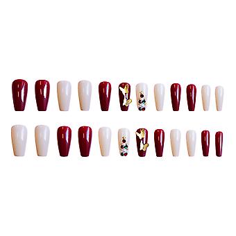 White Red False Nails with Gold Butterfly Decor Natural Unbreakable Nail Simple Wear for Shopping Traveling Dating