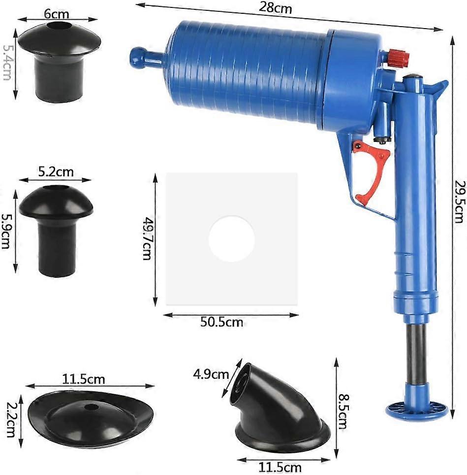 Compressed air drain unblocker, High pressure pump with 4 different suction cups for unblocking sinks, kitchens, baths and toilets.