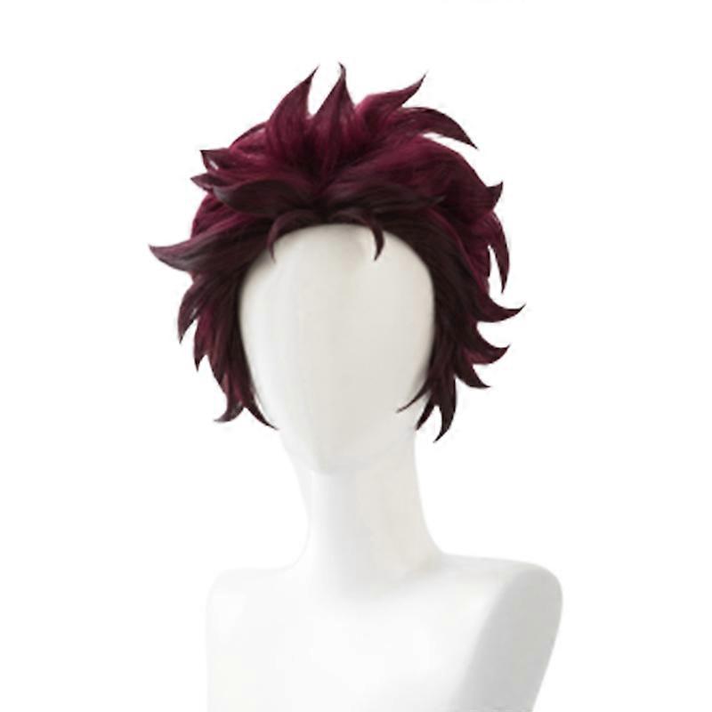 Demon Slayer: Kimetsu No Yaiba Tanjiro Kamado Cosplay Wig Short Chestnut Brown Heat Resistant Hair Cosplay Wigs + Ear-rings