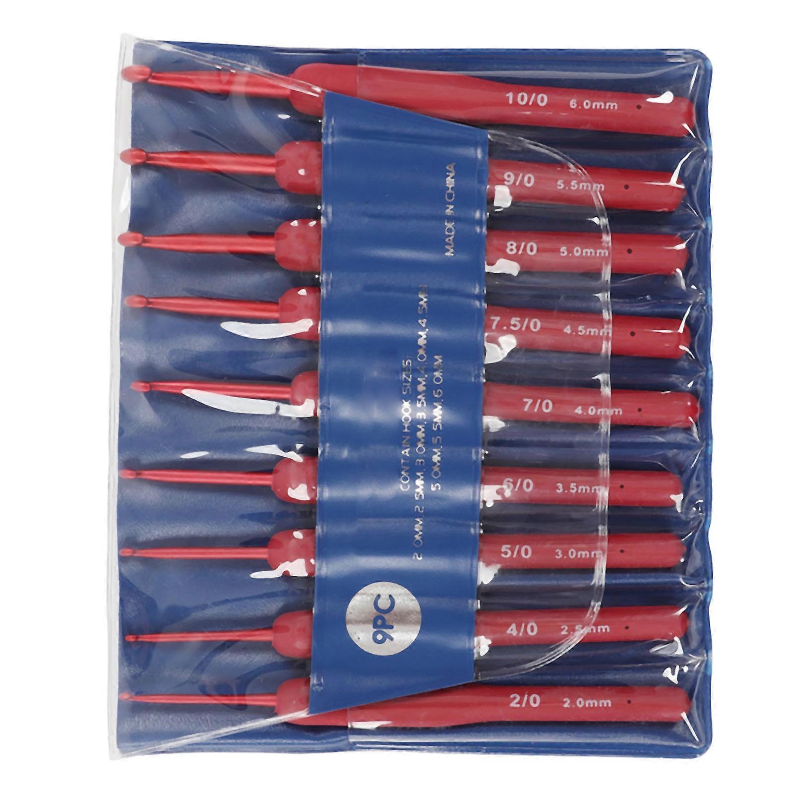9pcs Crochet Hooks Red Aluminium Material Ergonomic Silicone Grip Portable Glossy Knitting Needles Set for Weaving