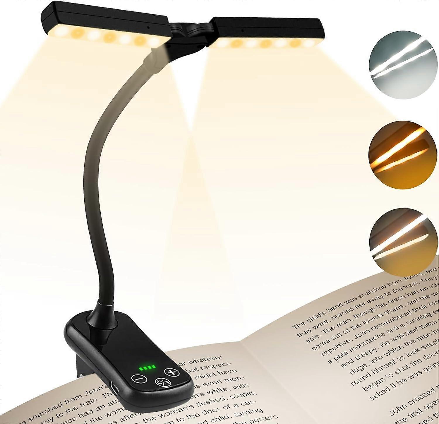 14 LEDs Double Head Reading Light, USB Rechargeable Clip Lamp, 360 Book Light Flexible Neck, 3 Colors & Stepless Dimming, Up to 80H, Portable for Read