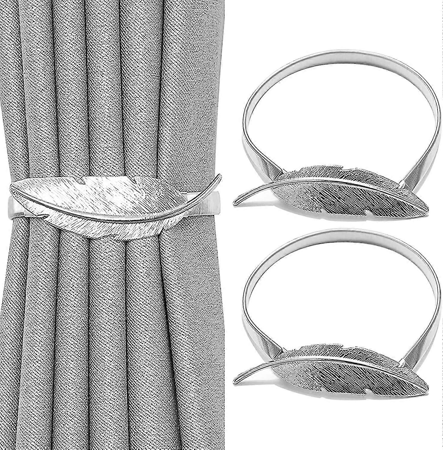 2 Pcs Silver Feather Curtain Tie Backs Metal Elastic Adjustable Rope Curtains