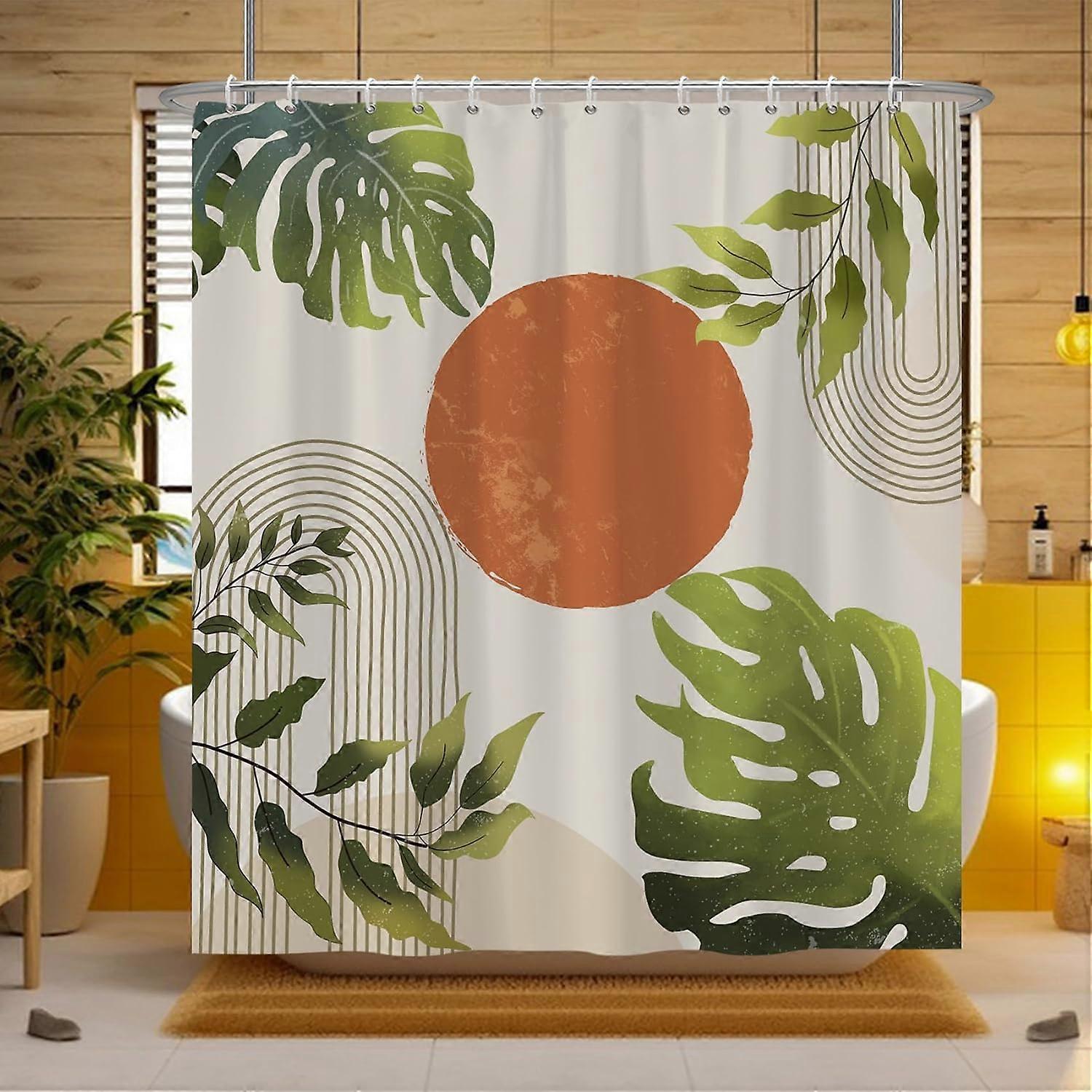 Bohemian Plant Shower Curtain,Green Leaves Mid Century Shower Curtain Set for Bathroom,Boho Modern Abstract Minimalist Fabric Bath Curtain with Hooks,