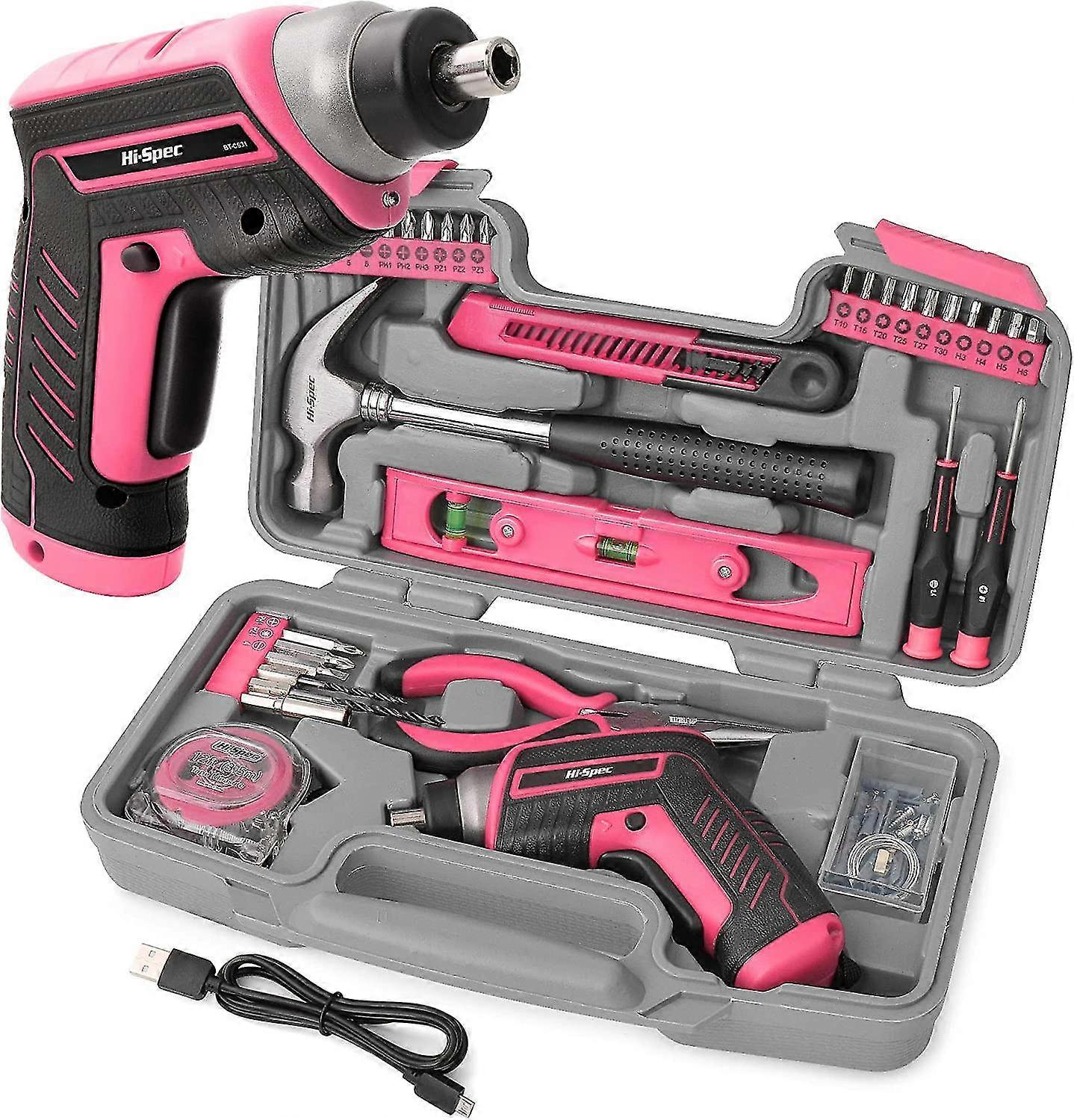 Pink 4v Electric Screwdriver - Multifunction Cordless Drill Driver With Complete Kit Of Tools And Accessories - Storage Case With Hammer, Pliers, Dril