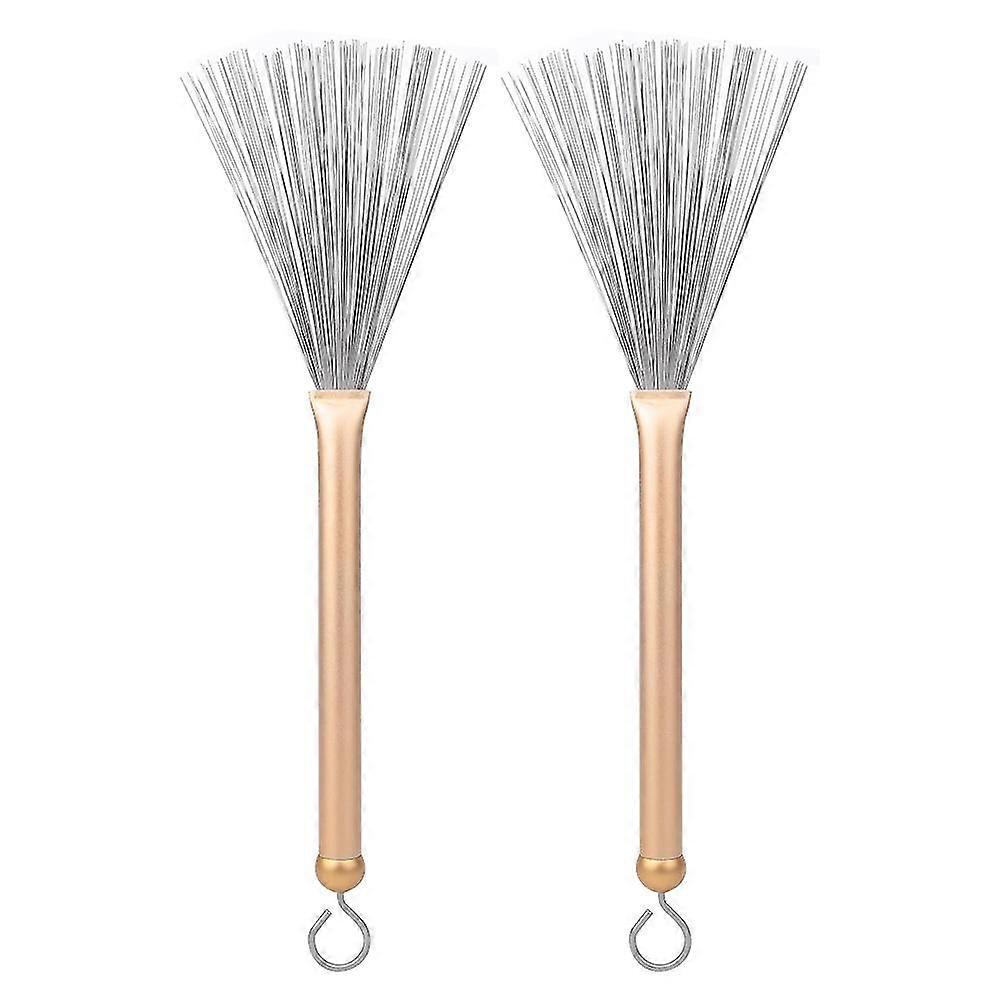 2 Pcs Set of Golden Retractable Steel Wire Drum Brushes for Jazz Drum Learners