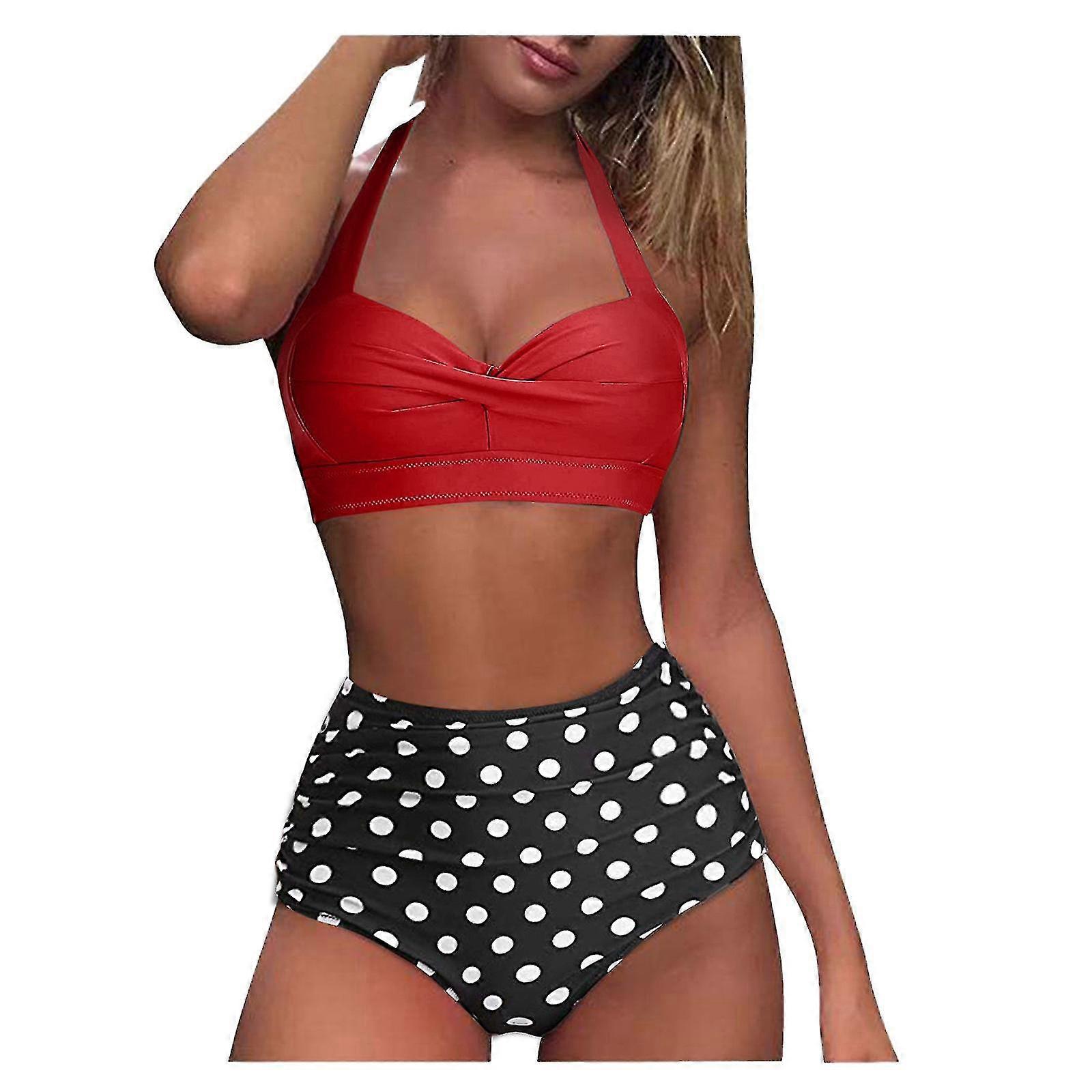 Γυναίκες vintage μαγιό δύο κομμάτι ρετρό halter ruched υψηλή μέση εκτύπωση μπικίνι σύνολο