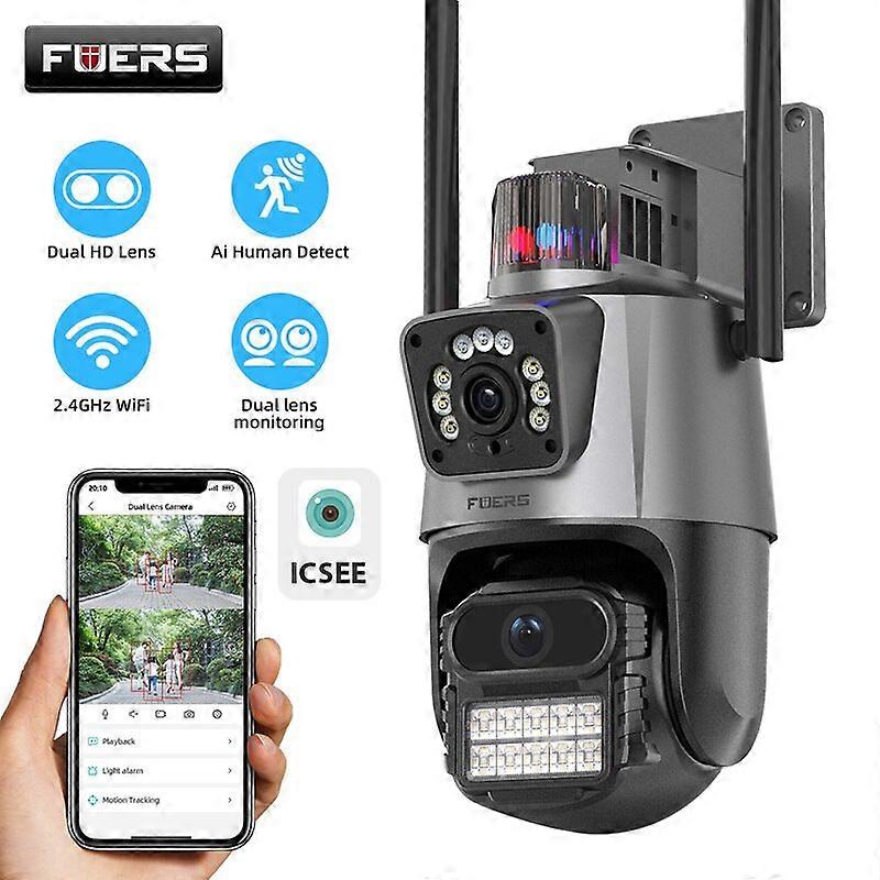 FUERS 8MP 4K IP Camera Outdoor WiFi PTZ Dual Lens Dual Screen Auto Tracking Waterproof Security Video Surveillance Police LightSecurity Monitors & Rec
