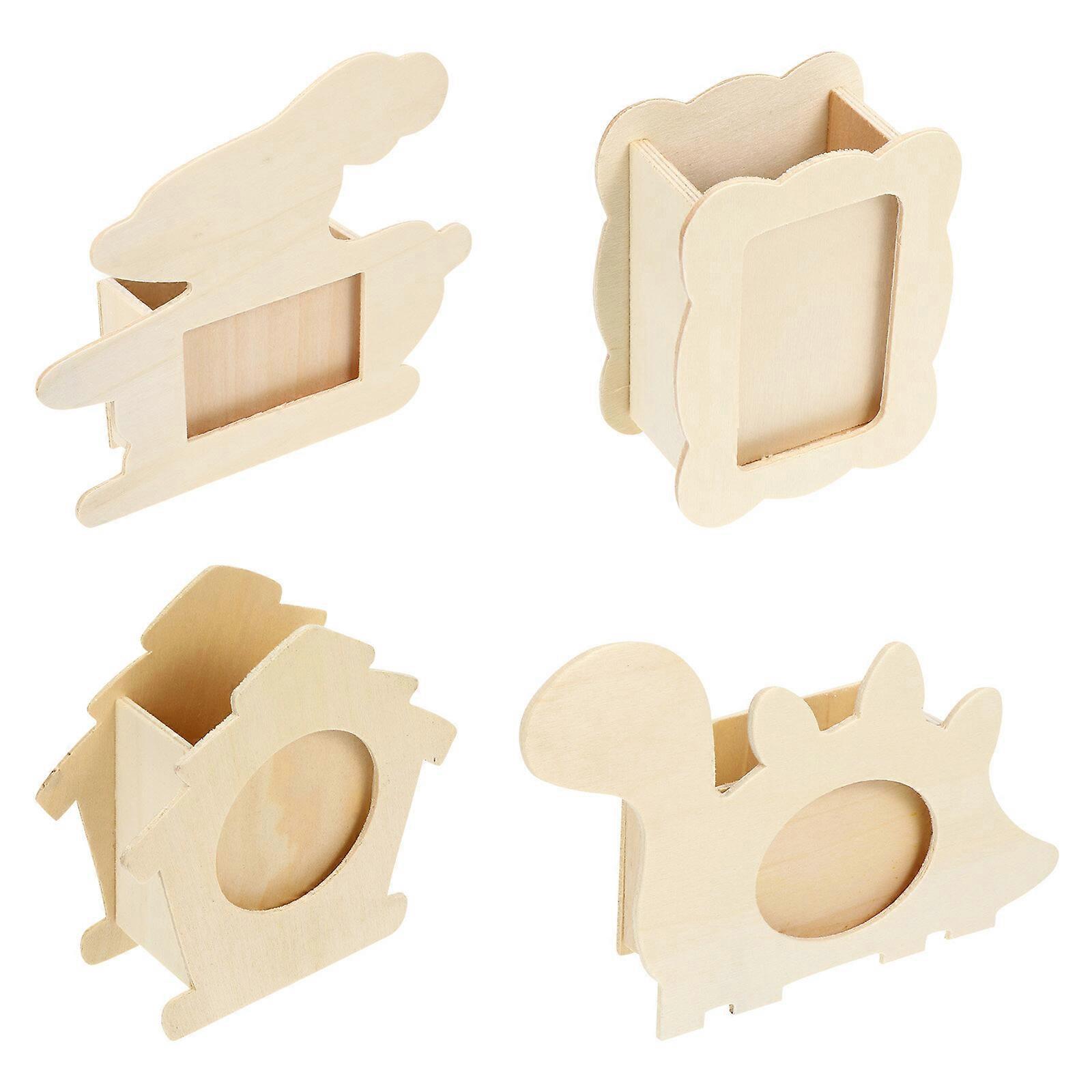 4pcs מחזיק עט מסגרת תמונה מעץ קריקטורה DIY ריק שולחן עבודה עיפרון מיכל