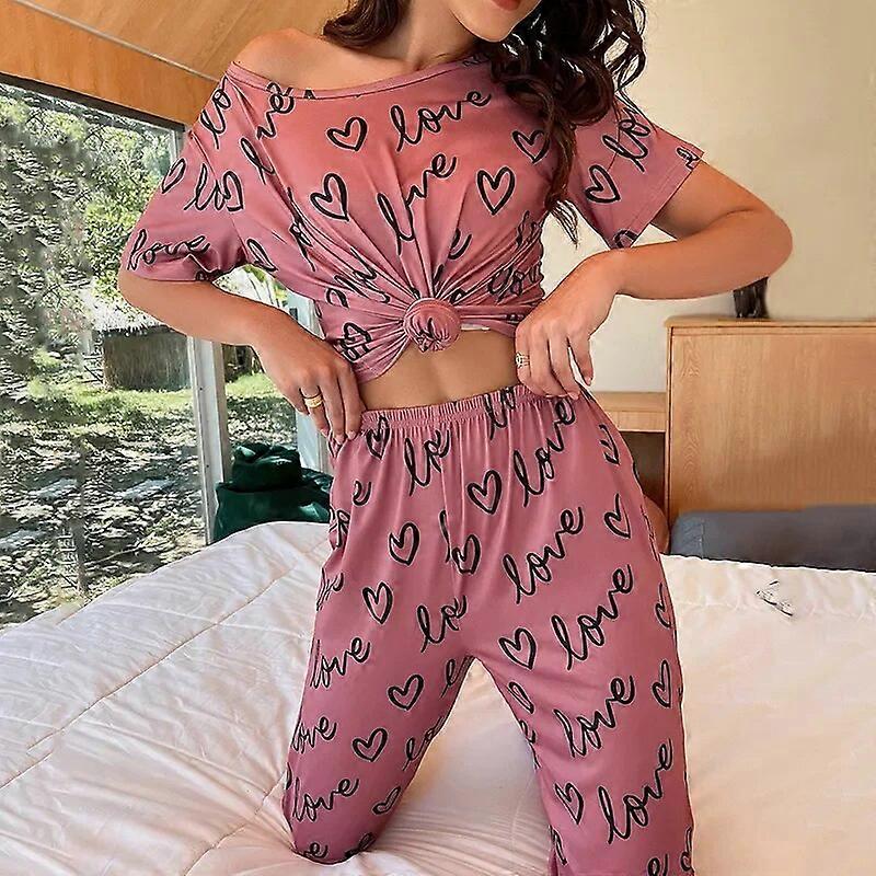 Women Pajama Set Sleepwear Short Sleeve Tops With Long Pants
