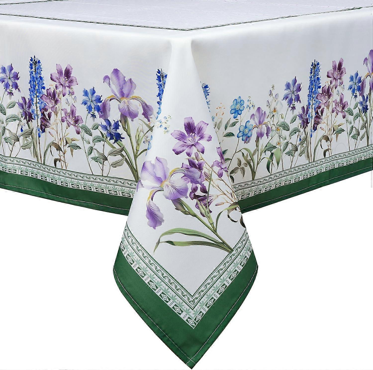 Iris Wildflower Tablecloth Waterproof, Summer Green Grass Bordered Rectangle Table Cloth, Washable Table Cover for Kitchen Dining Party Decor (52x70 I