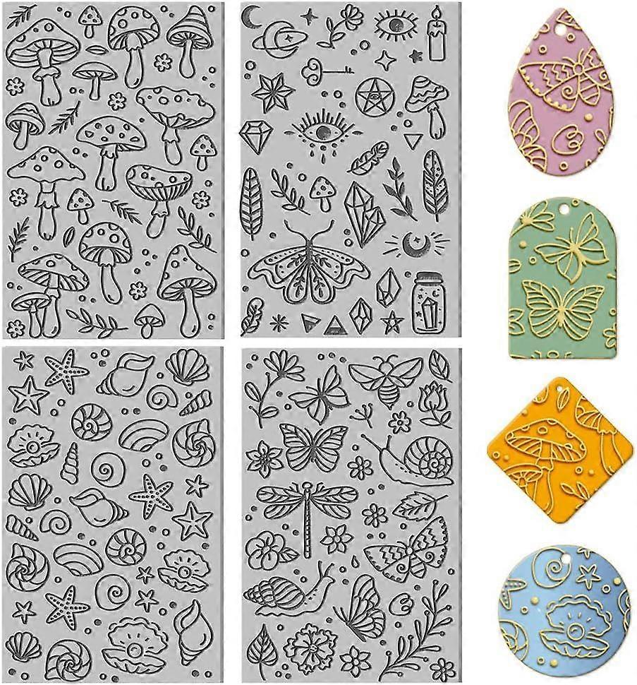 4PCS Polymer Clay Texture Sheets Mushroom Clay Texture Mat Clay Sea Life Butterfly Dragon Pattern Pad Texture Sheets Clay Stamps Tools for Polymer Cla