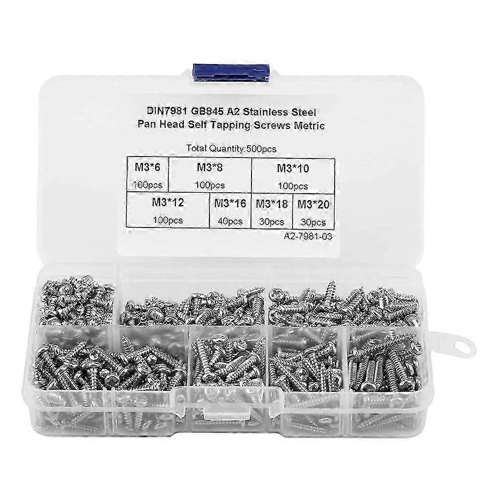 500pcs M3 Drive Button Screws Kit, Self-tapping Button Pan Screws Assortment Kit With Plastic Case