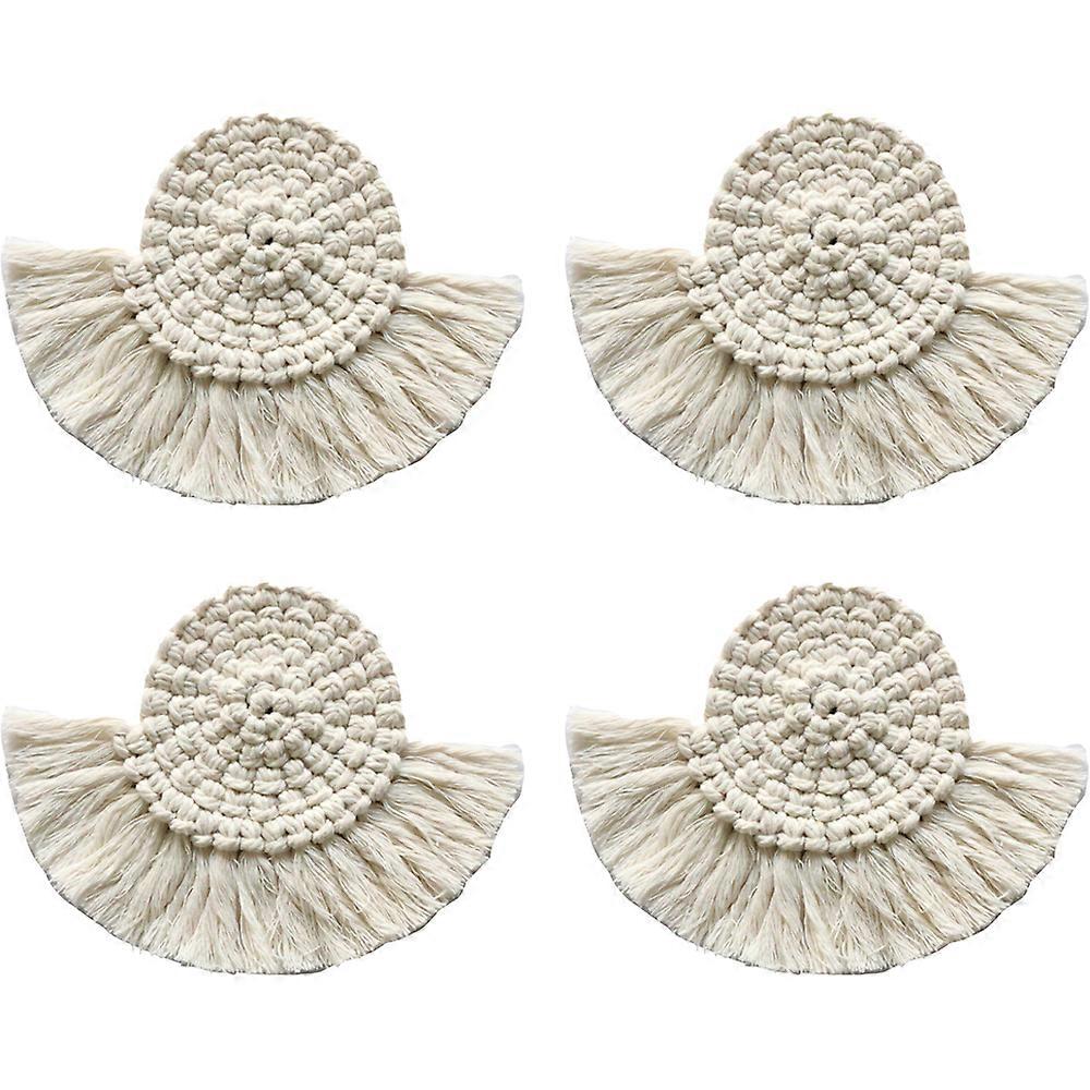 Rattan Macrame Boho Coasters | Bohemian Set of 4 Table Decor Cute Coaster Woven with Flat Absorbent