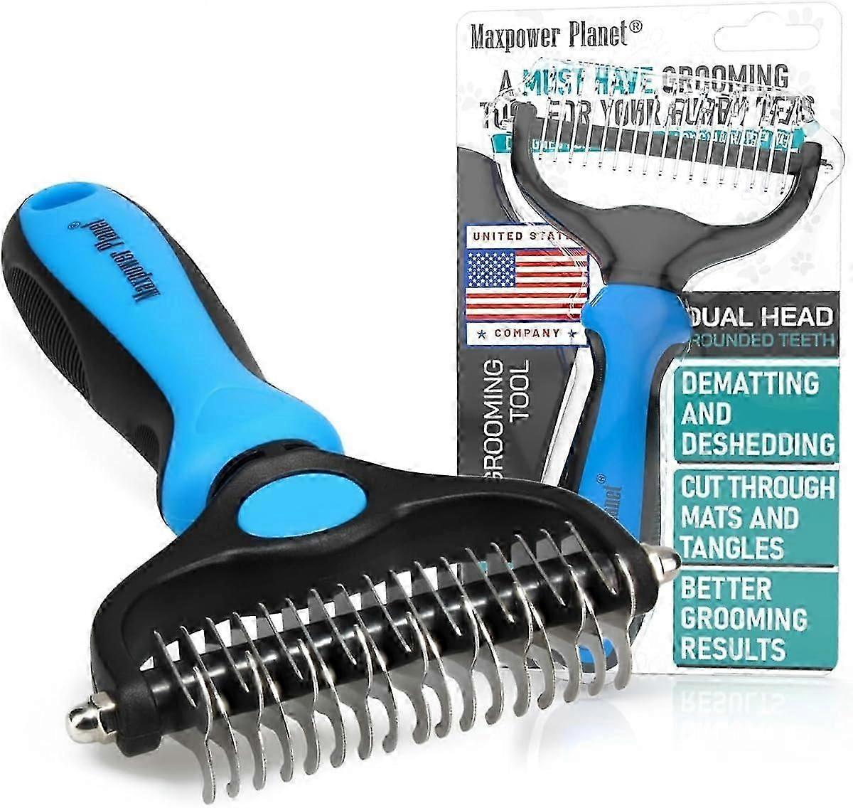 Maxpower Planet Pet Grooming Rake - Double-Sided Dematting Undercoat Brush for Dogs and Cats, Extra Wide, Reduces Shedding by 95%, Blue