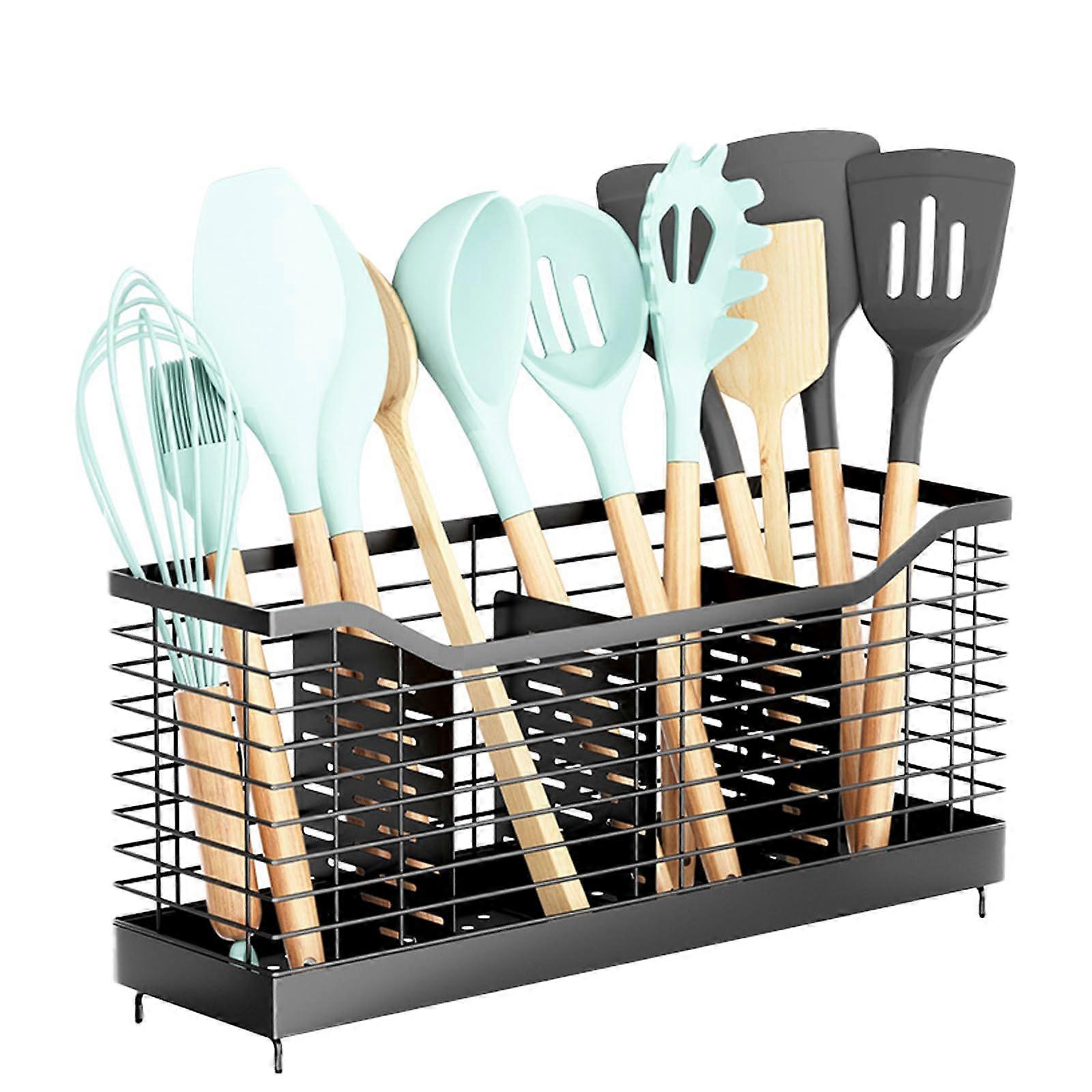 Extra Large Kitchen Utensils With 4 Compartments Utensil Organizer For Countertop Storage - Durable Coated Finish
