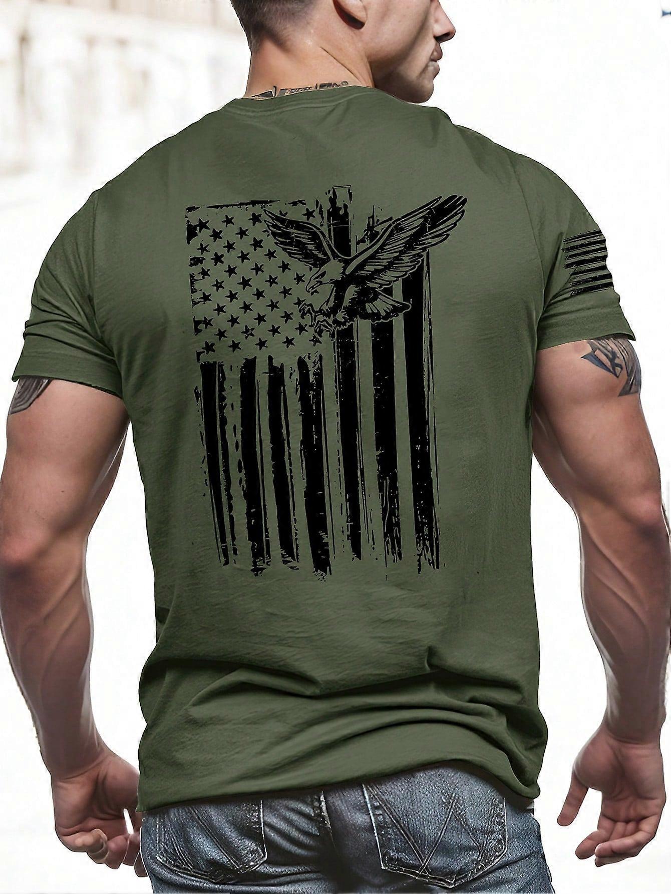 Erkek Yaz Günlük Amerikan Kartalı Baskılı Yuvarlak Yaka T-shirt, Kısa Kollu