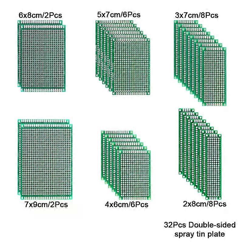 32 Pcs Double Sided PCB Board Prototype Kit 6 Sizes Universal Printed Circuit Protoboard For DIY Soldering Project
