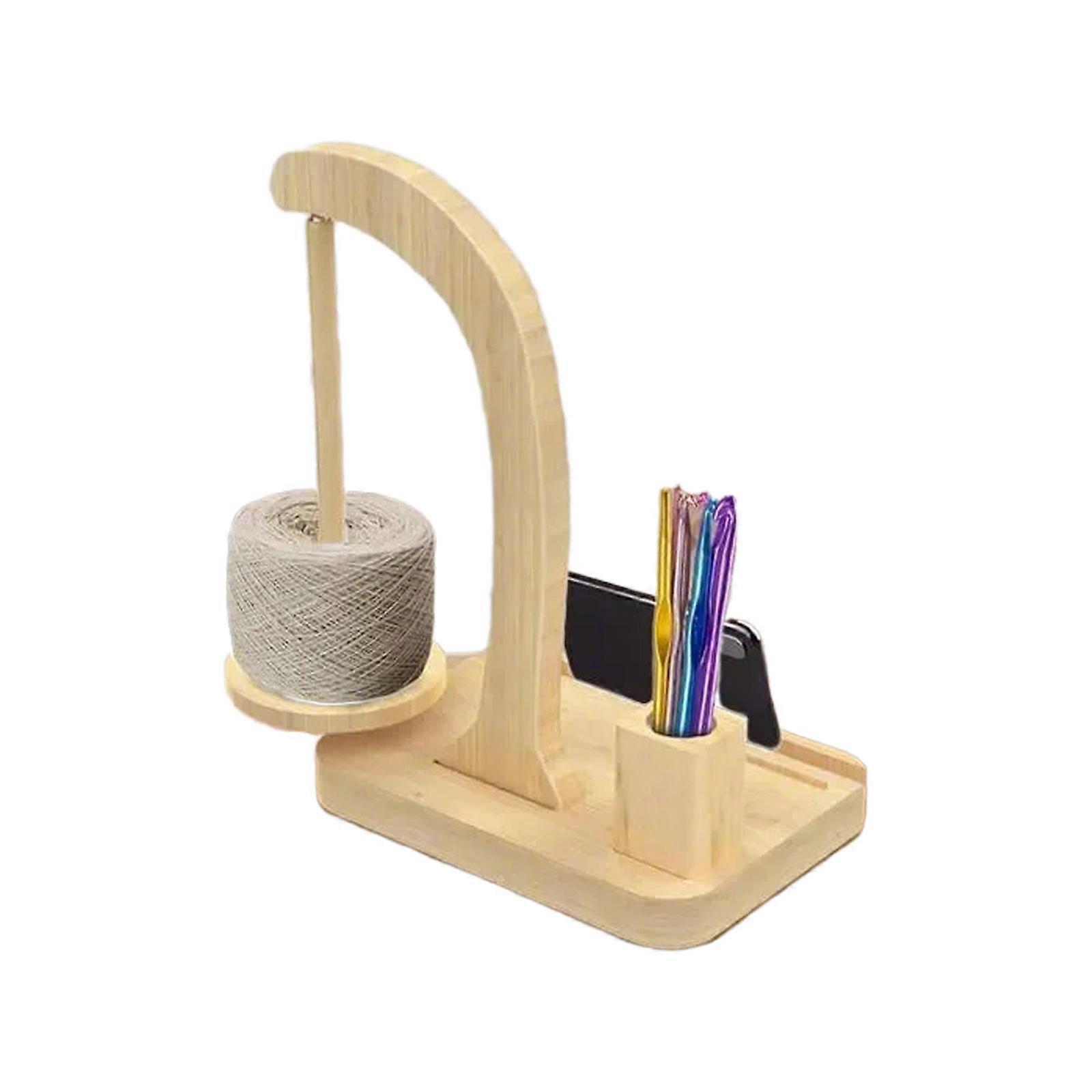 Magnetic Thread Spool Holder With Phone Holder Stand for Knitting Crocheting Wood Yarn Holder with Twirling Mechanism Log color
