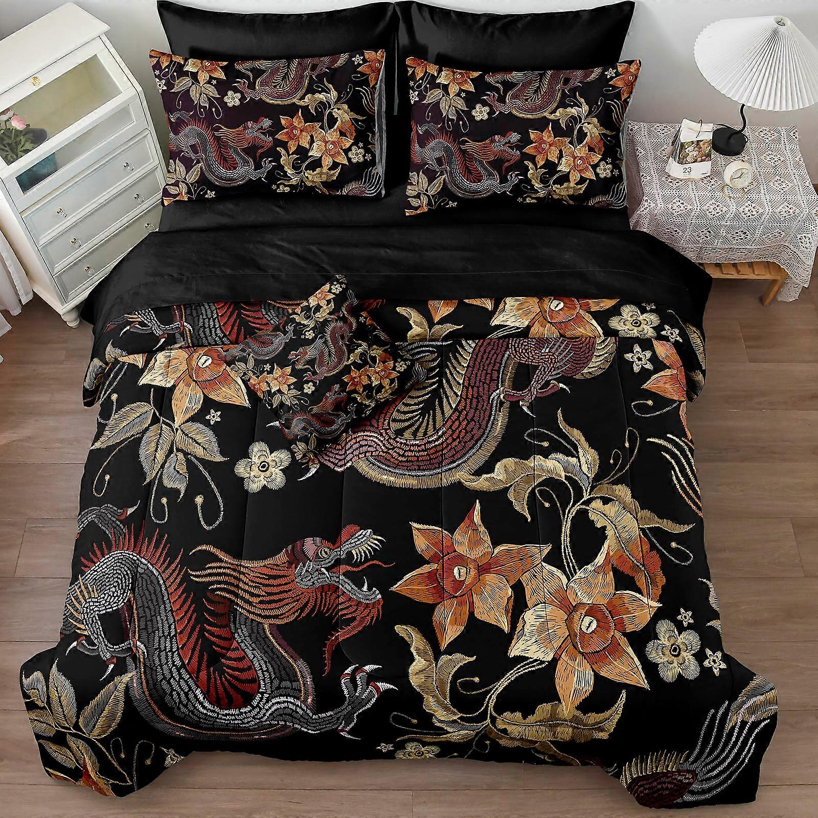 Black King Abstract Dragon Comforter Set - 8 Piece Floral Bed in a Bag with Fitted Sheet and Pillowcases, Cushion Cover