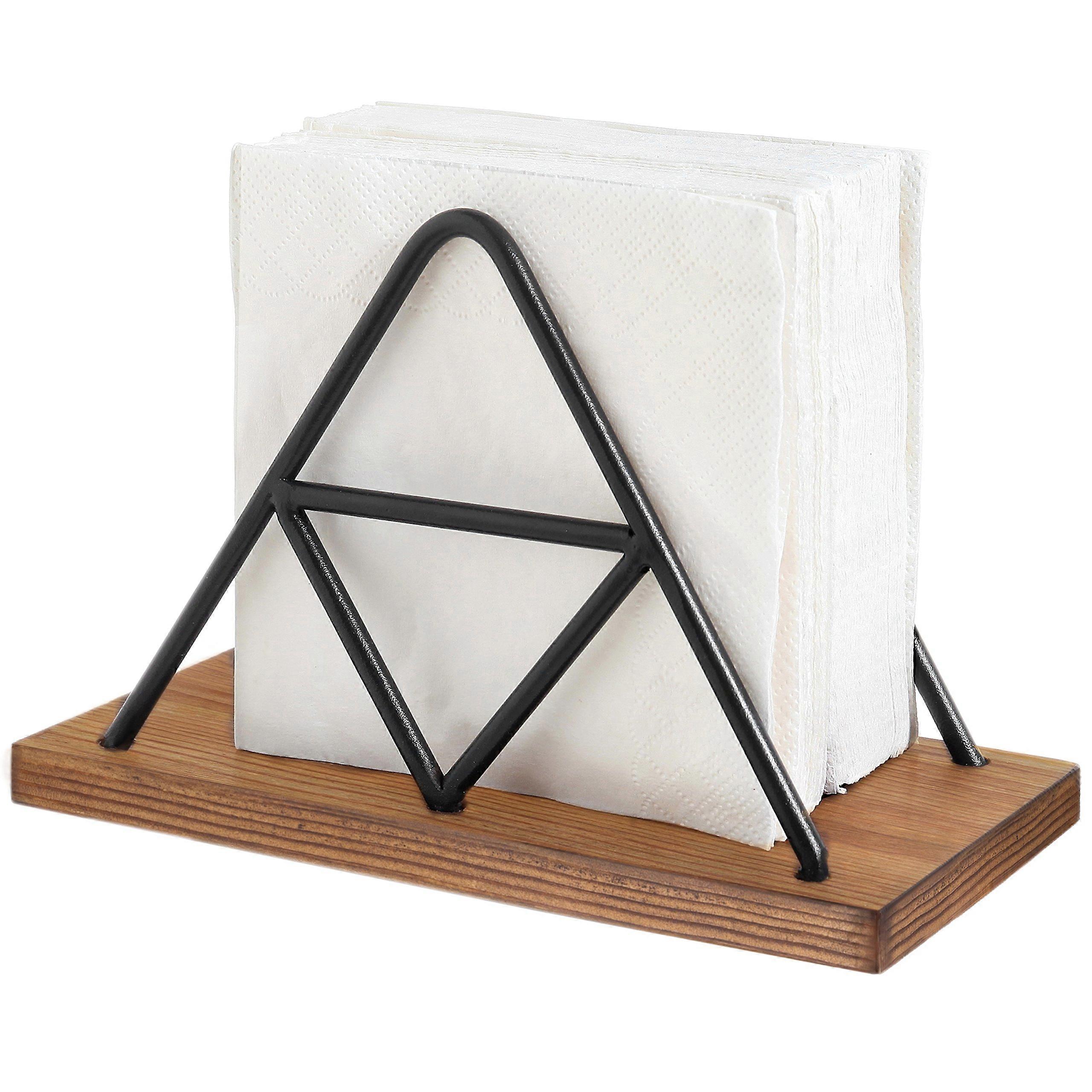 Rustic burnt massive wooden matte black metal wire triangle napkin, desktop geometric napkin distribution shelf - up to 100 paper napk