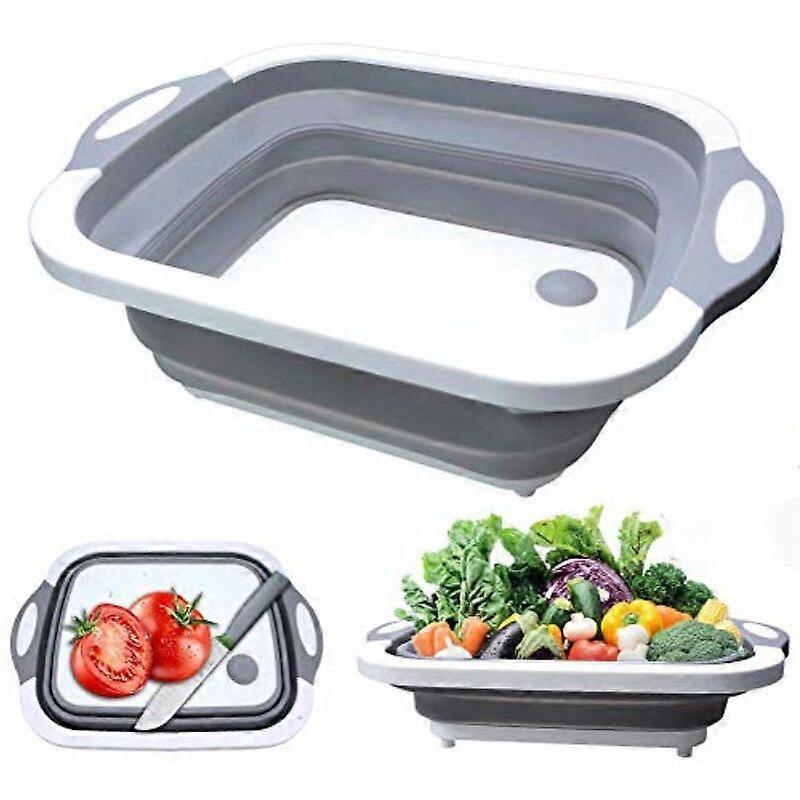 Foldable Cutting Board 3 in 1 Multifunction Chopping Basket Storage Basket Drain Basket with Drain Plug and Towel for Kitchens Travel(Gray)