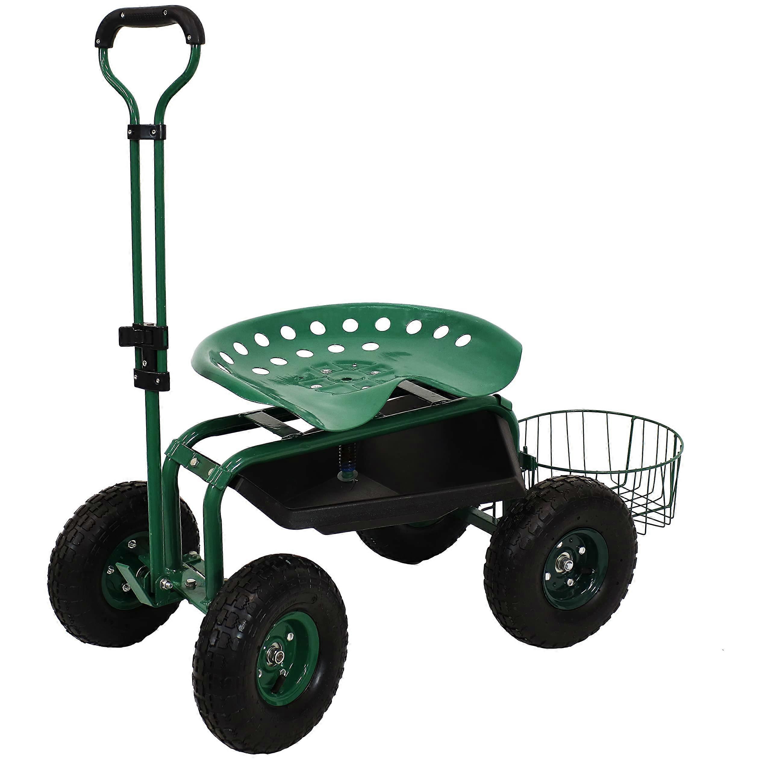 Garden Cart with Wheels Garden Stool on Wheels Rolling Gardening Seat with Extendable Handle Swivel Seat Green