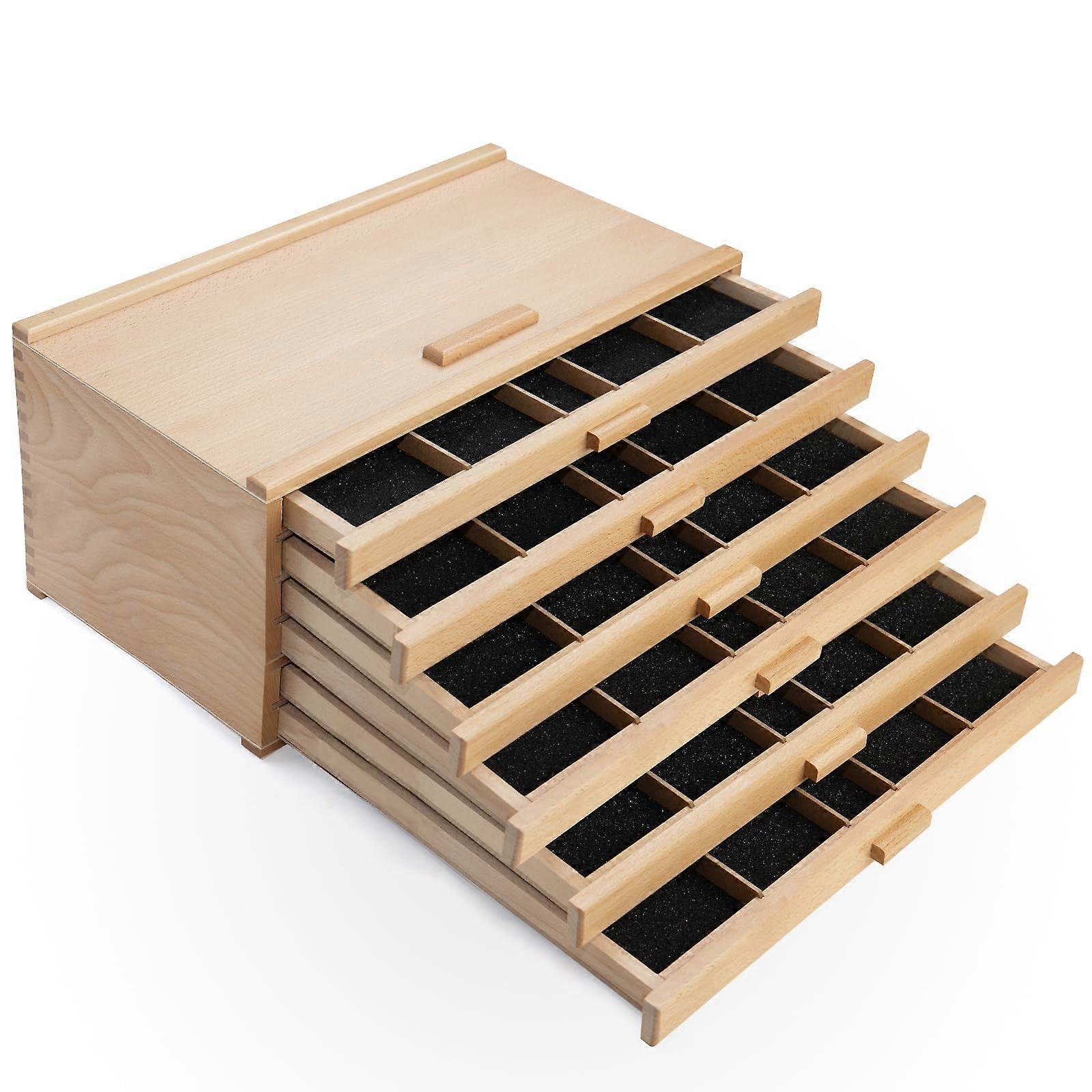 Wooden Pastel Storage Box With 6 Removable Drawers, Portable Artist Organizer For Pencils, Markers And Painting Tools