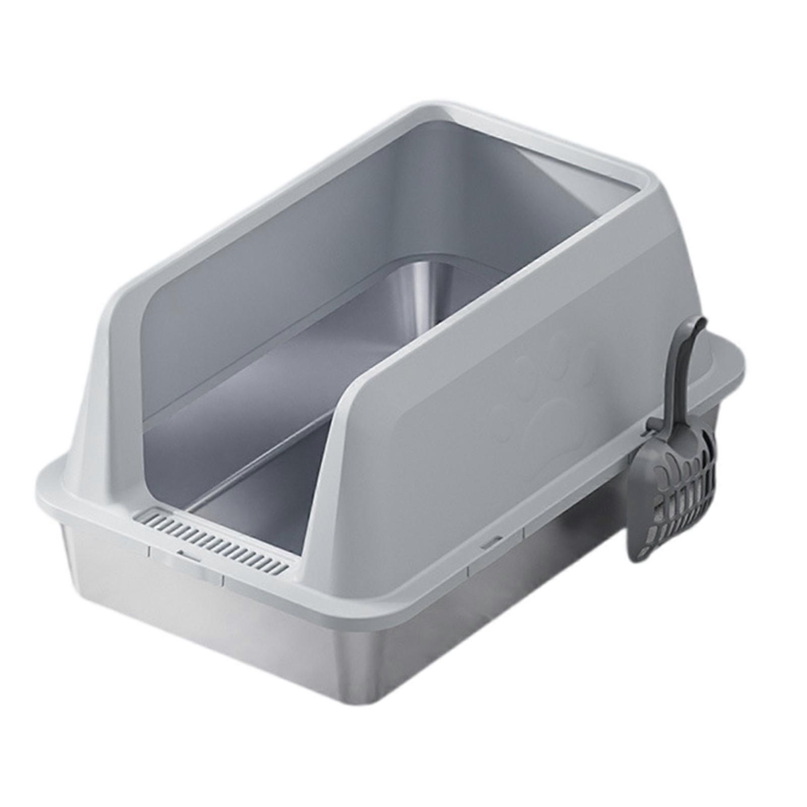 High Side Splash Prevent Cats Litter Box with Stainless Steel Tray and Removable Panel Scoops For Large Cats Home Use Light Grey