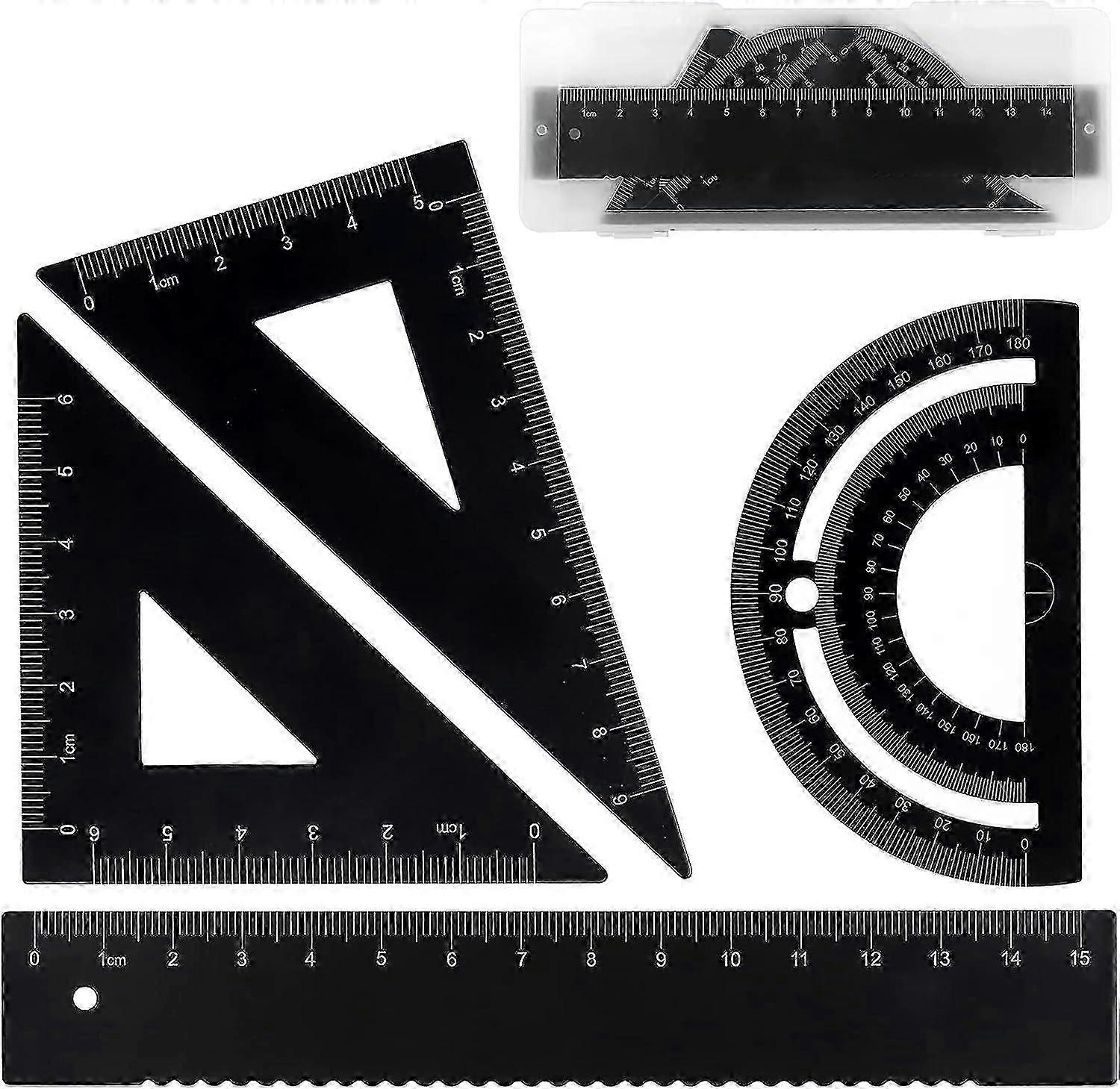 Geometry Set 4PCS, Metal Ruler Set with Protractor + Ruler 15cm + 2 Protractor, Scale Ruler Set Stationery Gift for Student Architect - Portable Suit