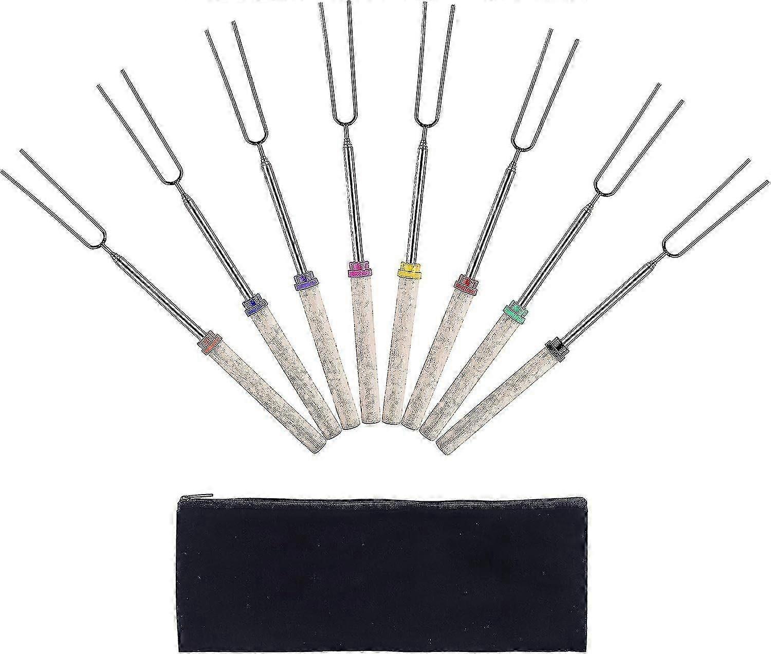 Grill Tools Set Barbecue Fork Telescopic Stainless Steel Marshmallow Roasting Stick Multi-color Hot Dog Safe Bbq Forks With Wooden Handle And Carrying