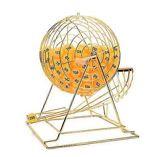 Small brass drum with lottery tickets for a bingo game set, including balls in a ballstyle.