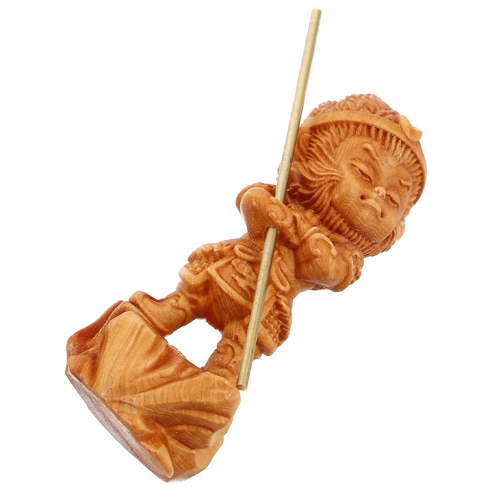Hand Carved Wood Monkey King Wukong Figurine for Home Decor Light Brown Small Animal Sculpture 3.5 Inches