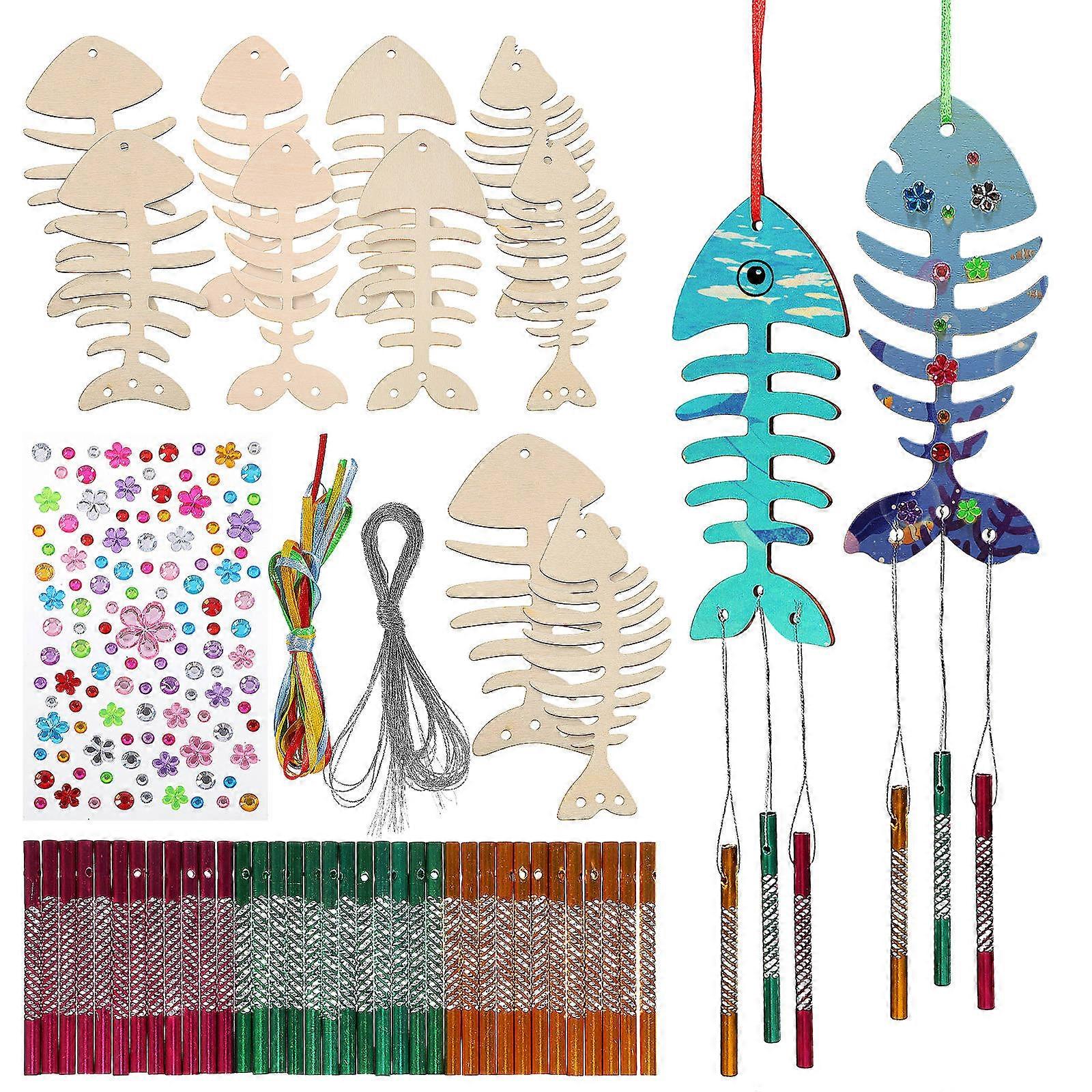 Diy Wind Chime Kit with Wooden Fishbones and Tubes for Creative Combination Assorted Color