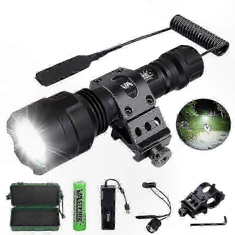 Tactical Hunting Flashlight 1 Mode Torch with Weaver Rail Scope Mount and Pressure Switch plus Battery and USB Charger