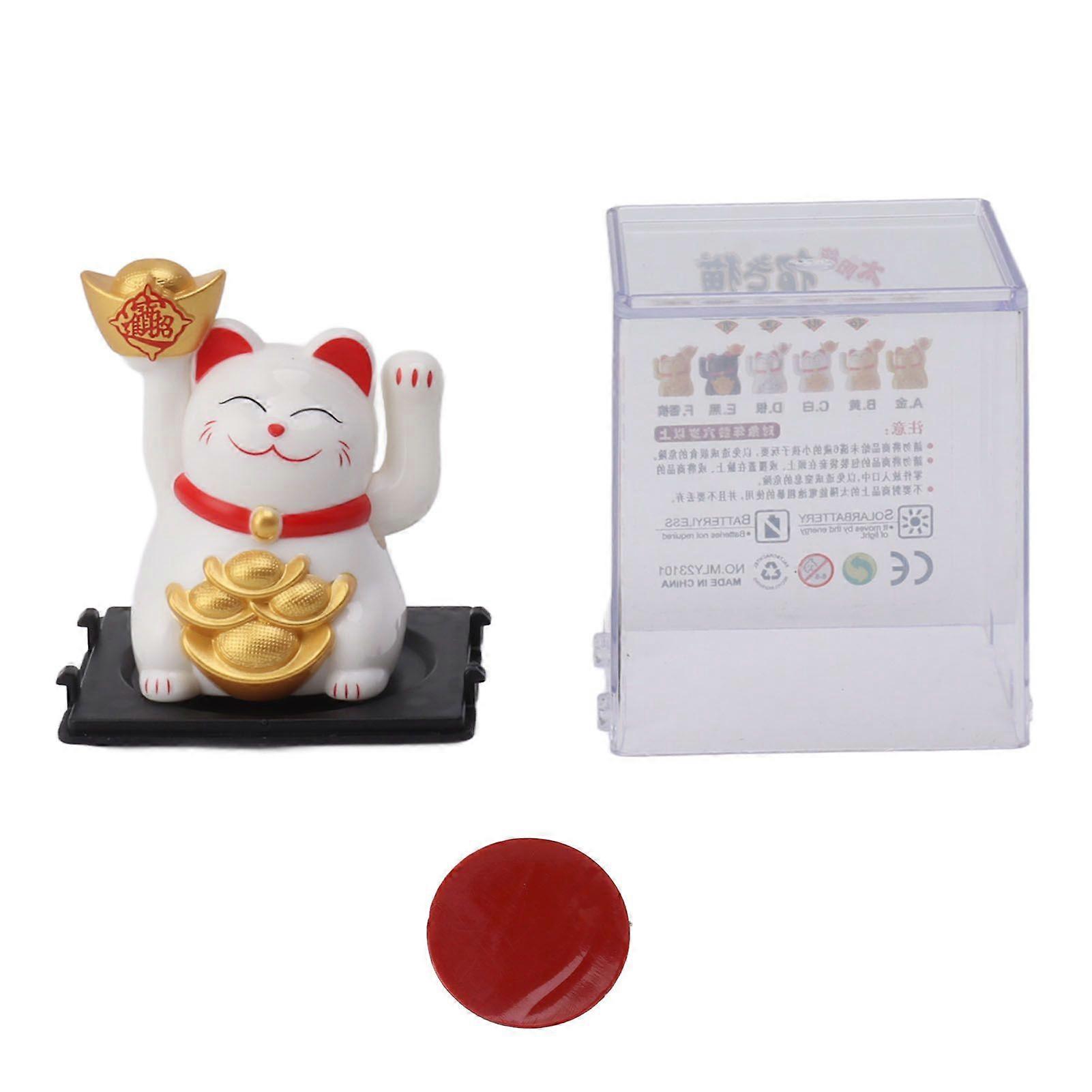 2in Solar Powered Waving Arm Lucky Cat Ornament Welcoming Waving Hand Wealth Fortune Cat White