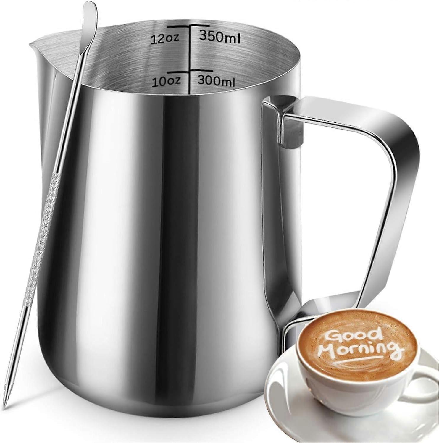 Milk Frothing Pitcher 12oz/350ML Stainless Steel Steaming Cup with Art Pen, Compatible with Espresso Machines, Latte & Cappuccino Tools