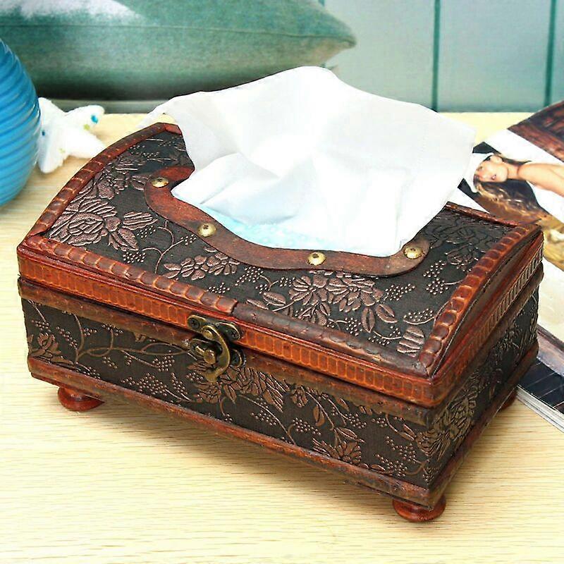 Retro Style Brown Wooden Tissue Box Decoration Copper Ring Decor Elegant Pattern