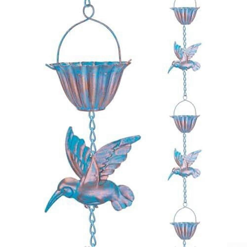 Hummingbird Rain Chain 13.1 Ft Metal Garden Drainage Decor With 7 Cups Antique Blue Finish For Gutters Downspouts