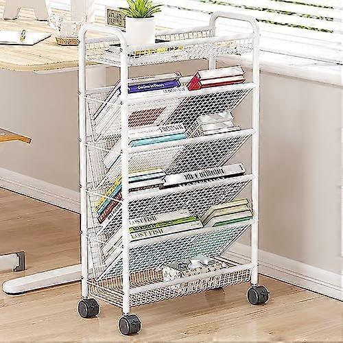Mobile White Rolling Book Cart Metal Floor Standing On Wheels Narrow Space Corner Display Magazine Rack and Storage